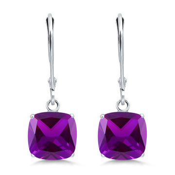 Cushion Cut Bridal Dangling Leverback Earrings Simulated Amethyst CZ 925 Sterling Silver (4mm-8mm)